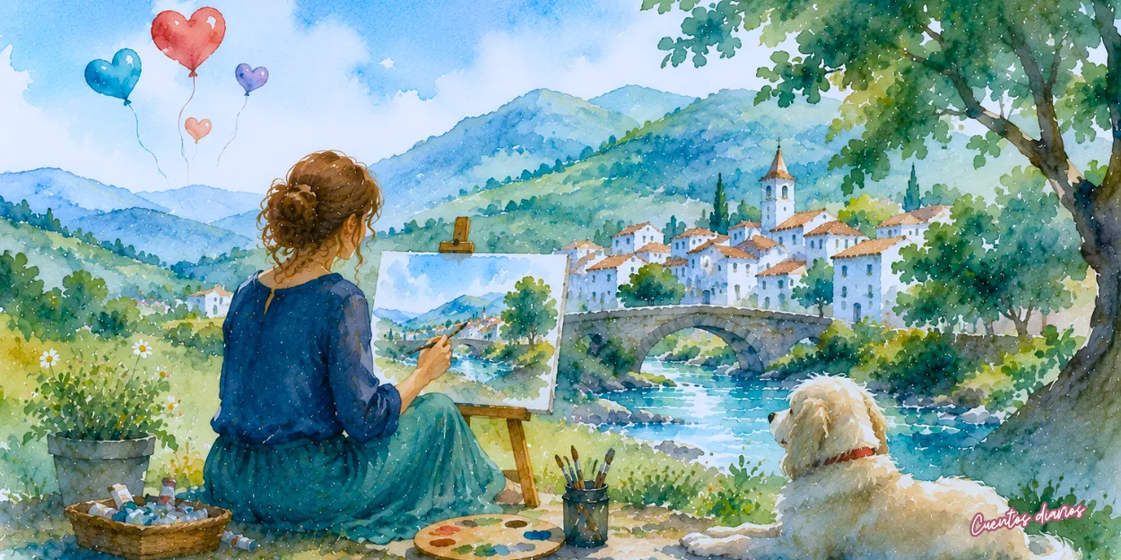 Clara pinta un paisaje junto a su perro frente a un pueblo de montaña, inspirada en el cuento Historia corta de una mujer feliz sobre la felicidad, el arte y la amistad.