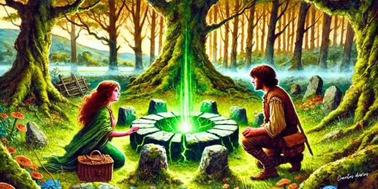 Dibujo de Penélope y Ramón observando un altar de piedras con luz verde en un bosque lleno de árboles antiguos.