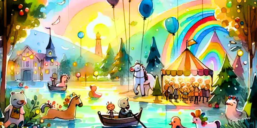 Dibujo con una escena de un festival en Valle Serene con niños jugando, globos y un arco iris brillante.