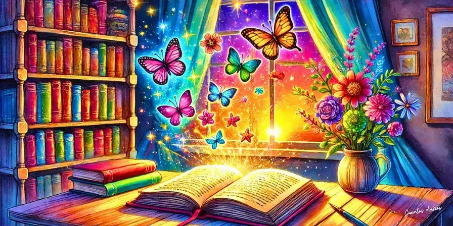 Dibujo en acuarela de un libro abierto en una mesa, con mariposas coloridas y estrellas mágicas emergiendo de sus páginas, en una habitación acogedora con una ventana iluminada por el atardecer.