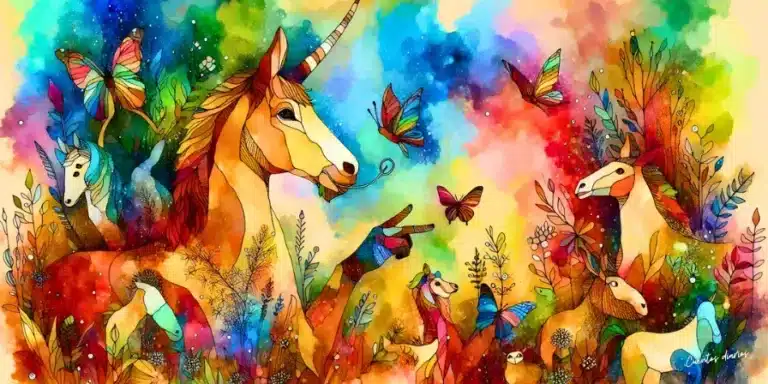 Dibujo colorido de animales del bosque, incluyendo unicornios, mariposas y vegetación, en un entorno mágico y vibrante.