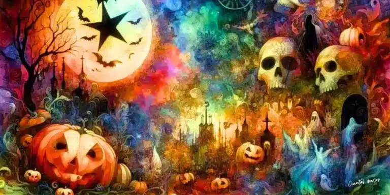 Dibujo de un paisaje de Halloween con una gran calabaza iluminada, calaveras, fantasmas y una luna llena con murciélagos volando.