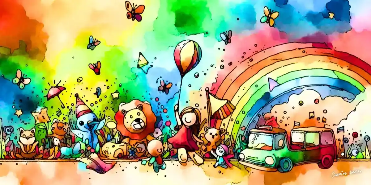 Dibujo colorido de una celebración con animales, globos y arcoíris, representando la alegría y la felicidad compartida.