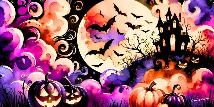 Dibujo de calabazas talladas y una casa embrujada bajo una luna llena, en una noche de Halloween mágica y colorida.