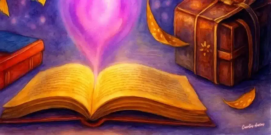 Cuento: El libro encantado y viaje mágico a través de las palabras 6 Dibujo en acuarelas de un libro encantado abierto, con una luz mágica violeta emergiendo de sus páginas, hojas doradas flotando a su alrededor y un cofre misterioso al fondo, en un ambiente de fantasía suave y colores cálidos.