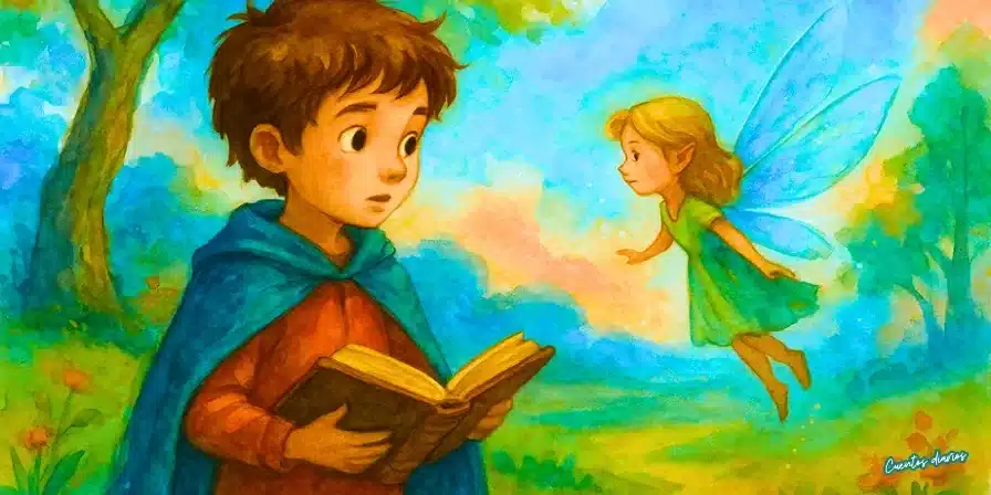 Cuento: Lucas y el reino mágico: Una aventura para creer en la magia 2 Dibujo infantil en acuarela de Lucas, un niño con un libro mágico, y Aurora, un hada de alas brillantes, en un bosque mágico lleno de color y fantasía.