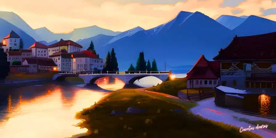 Pueblo de estilo europeo al atardecer, con puente sobre un río, casas iluminadas y montañas de fondo en una escena otoñal.