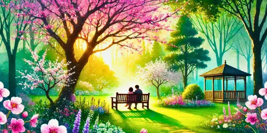 Ilustración en acuarela de una pareja sentada en un banco en un jardín tranquilo, rodeados de cerezos en flor y un gazebo al fondo, al atardecer.