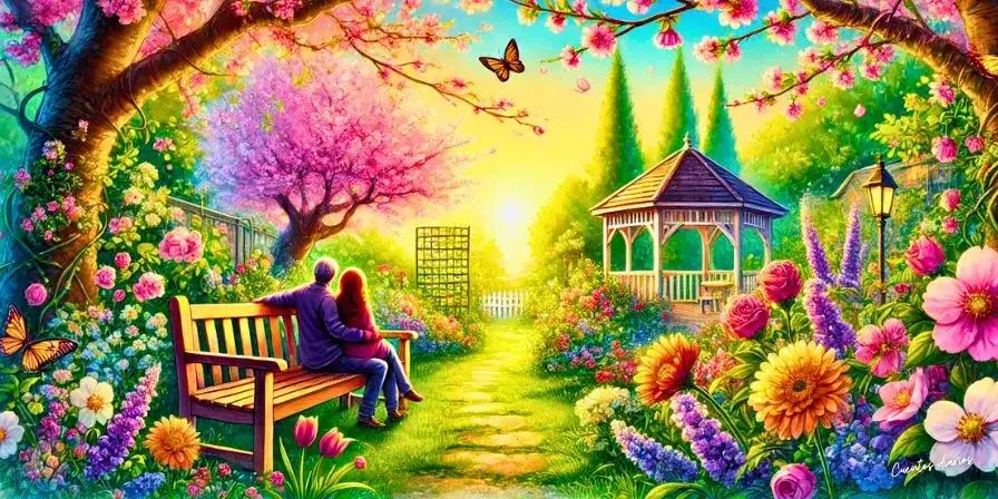 Dibujo en acuarela de una pareja en un banco en un jardín de flores, rodeados de cerezos en flor y un gazebo, al atardecer.