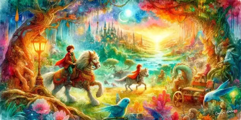 Dibujo de Tomás y Laura montando a caballo en un bosque mágico iluminado por colores brillantes.