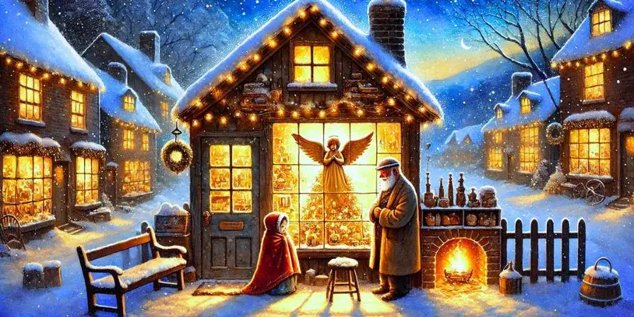 Dibujo navideño de una tienda de antigüedades iluminada, con un árbol de Navidad y un ángel dorado en su interior, rodeada de nieve y estrellas en un pueblo mágico.