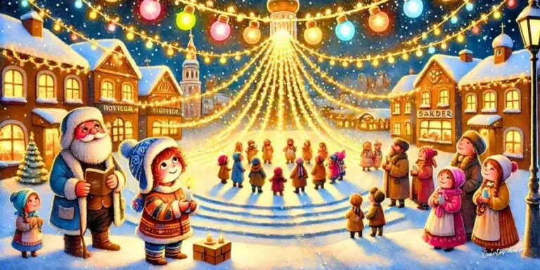 Dibujo en acuarela de un pueblo navideño con nieve, decorado con una gran guirnalda luminosa que cruza la plaza. Niños y vecinos sonríen mientras un niño observa la guirnalda, rodeado por un juguetero, una maestra y un panadero con mini panes en un ambiente festivo.