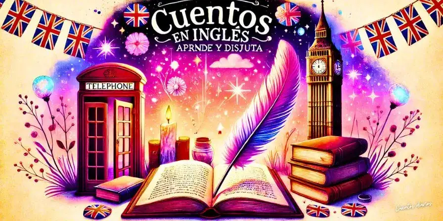 Ilustración temática de cuentos en inglés con elementos británicos como una cabina telefónica, el Big Ben, libros y una pluma.