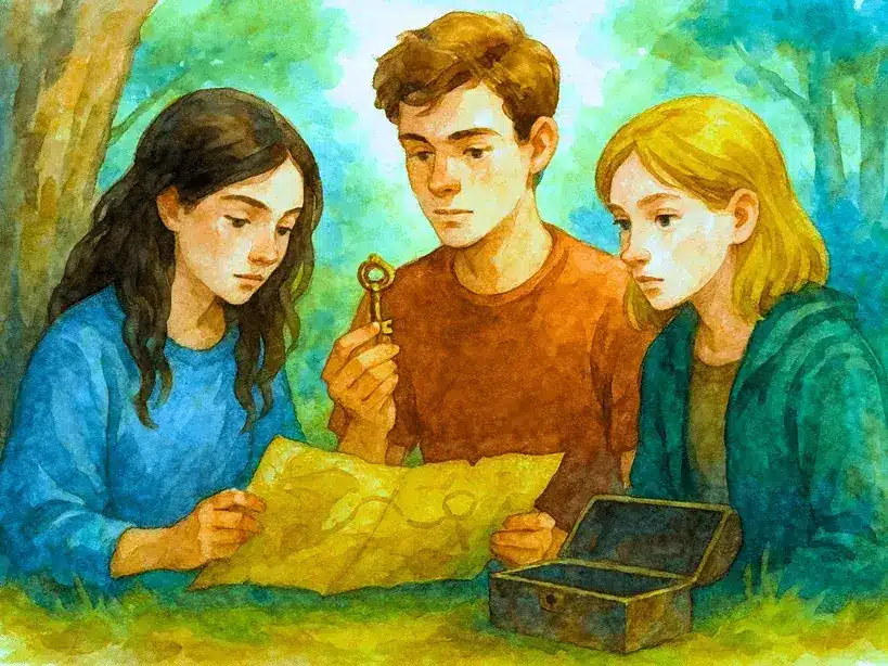 Cuento: El despertar de la valentía y la aventura en busca del tesoro perdido 2 Tres adolescentes observan un mapa antiguo y una llave dorada en un bosque, ilustrado en acuarela.