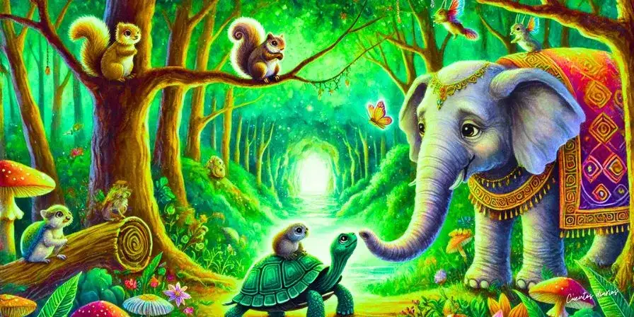 Dibujo de Ernesto, el elefante, ayuda a la tortuga Tomás en un bosque mágico rodeado de ardillas, pájaros y hongos brillantes