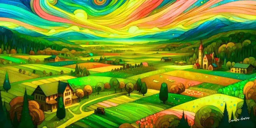 Dibujo de un paisaje colorido con campos, casas y una iglesia bajo un cielo lleno de colores alegres.