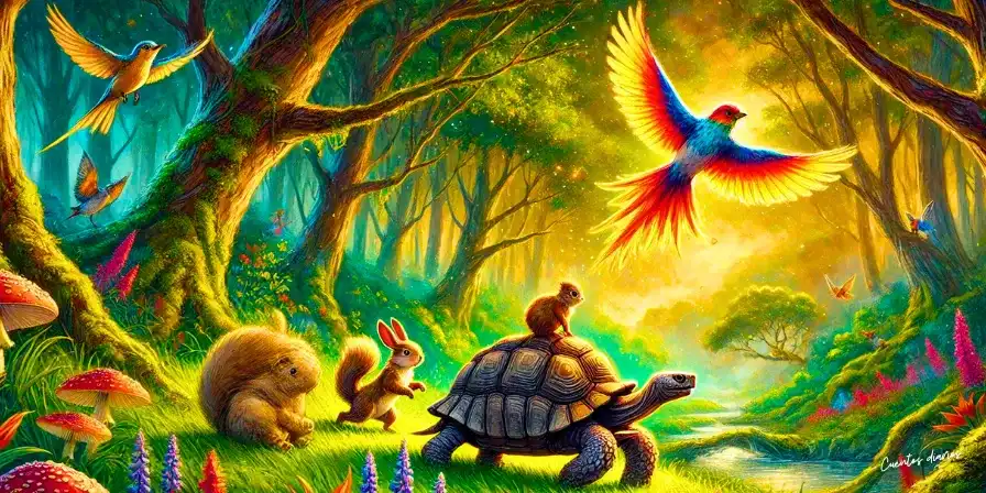 Dibujo en acuarela de un bosque encantado lleno de colores vibrantes, con Tobías la tortuga, Lucas el gorrión y Marina la ardilla liderando a los animales hacia un estanque mientras el humo de un incendio se eleva en la distancia.