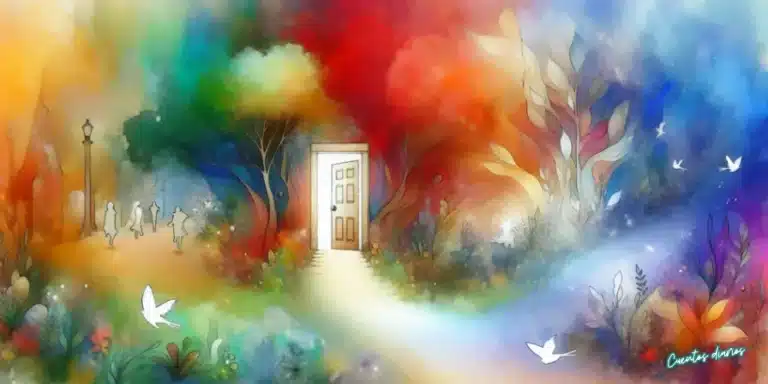Puerta blanca abierta en medio de un bosque multicolor de otoño, con niños caminando hacia ella y aves blancas volando.