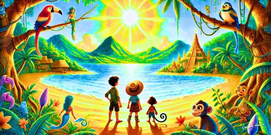 Dibujo en acuarela de una isla mágica bañada por un sol eterno. En la playa dorada, cuatro niños aventureros miran maravillados el paisaje tropical, mientras un simpático mono los observa desde una palmera. El océano brilla bajo el sol y en el fondo se ven montañas cubiertas de vegetación y un lago sagrado. Criaturas fantásticas como sirenas y hadas aparecen entre los árboles y el agua, aportando un toque de magia.