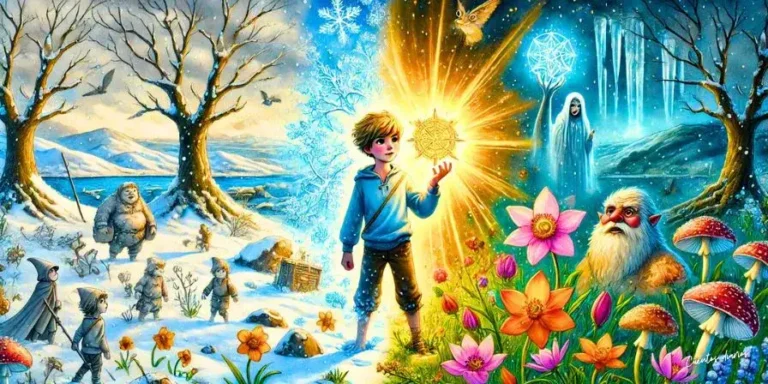 Dibujo de Mateo trayendo la primavera al derrotar al invierno, rodeado de flores, nieve y personajes mágicos.