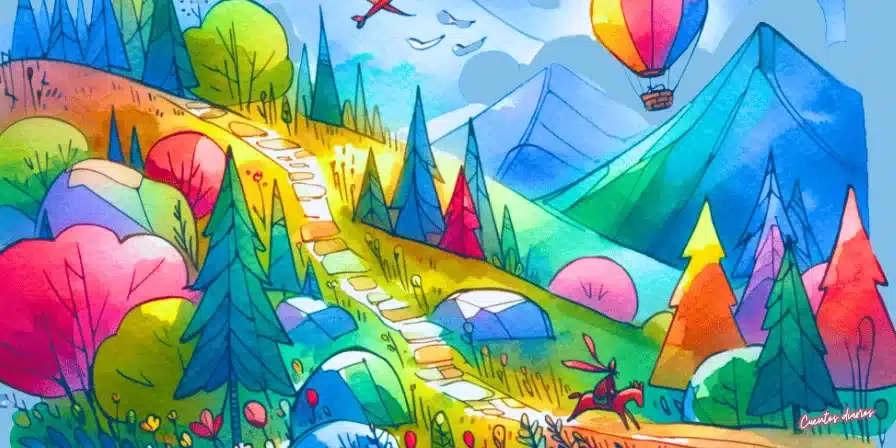 Paisaje de fantasía con árboles multicolores, un sendero, globos aerostáticos y montañas, estilo acuarela.