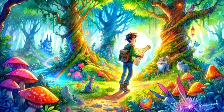 Lucas recorre un bosque encantado con un mapa durante su viaje en busca del libro mágico.