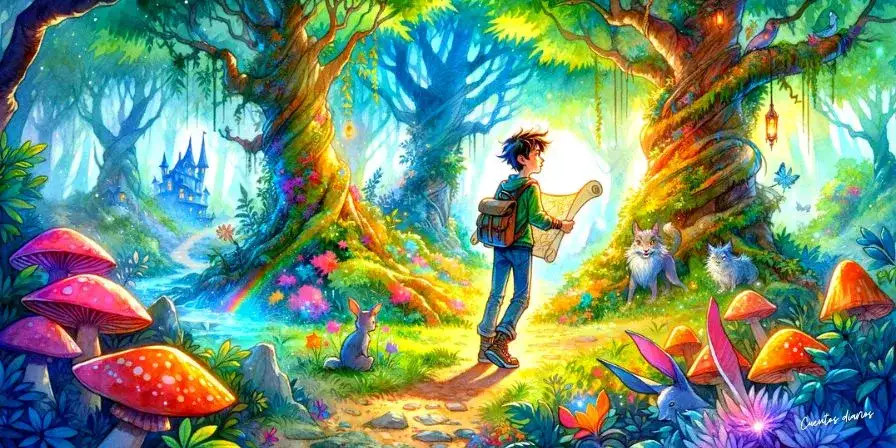 Lucas recorre un bosque encantado con un mapa durante su viaje en busca del libro mágico.