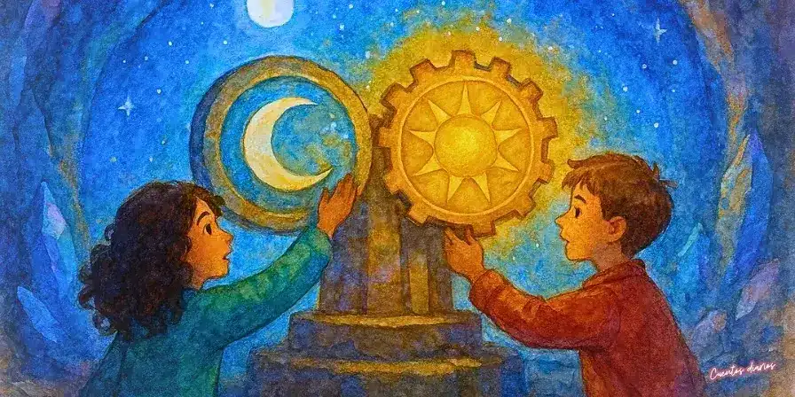 Dibujo en acuarelas de Luna y Leo giran dos ruedas en forma de sol dorado y luna plateada dentro de una caverna cristalina iluminada por luz mágica.