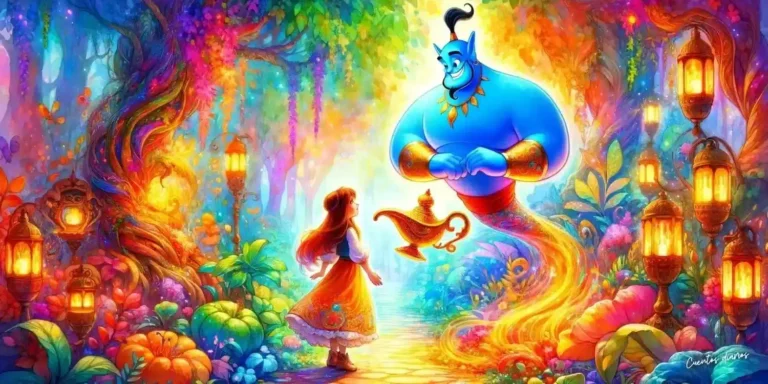 Laura encuentra una lámpara mágica y conversa con un genio azul en un colorido bosque encantado lleno de luces y naturaleza.
