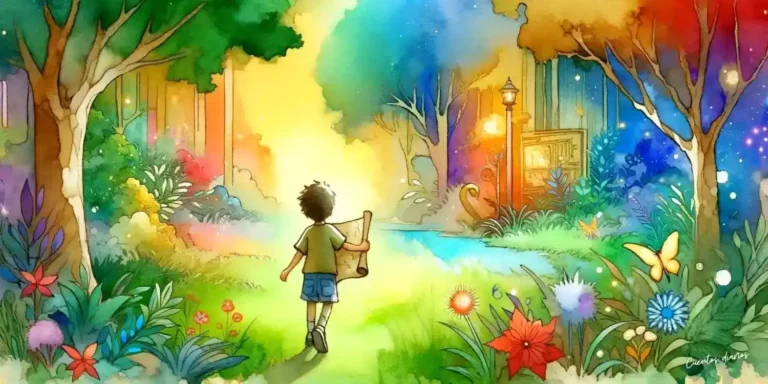 Sol recorre un bosque mágico con un mapa antiguo en busca del tesoro escondido del Reino de la Imaginación.