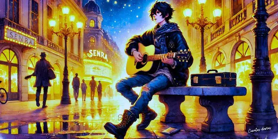 Dibujo en acuarela de un joven músico tocando la guitarra en una calle nocturna de Senra. Sentado en un banco de piedra, viste una chaqueta negra y jeans gastados, mientras faroles dorados iluminan la escena. Un pequeño público y músicos callejeros lo observan con admiración, con un teatro iluminado al fondo evocando su pasado.