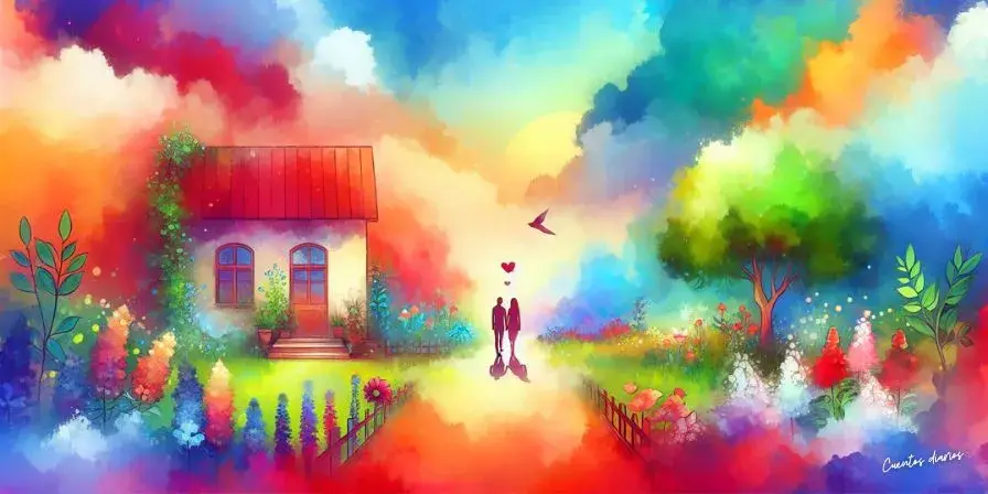 Dibujo de una pareja caminando hacia una casa en un paisaje colorido y onírico