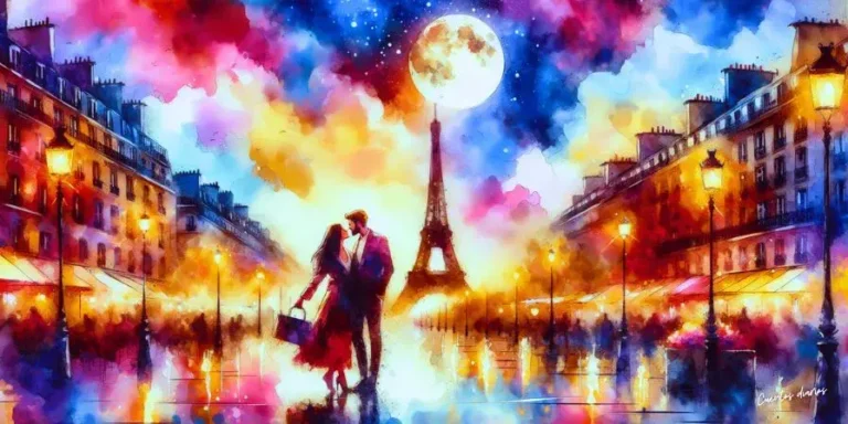 Dibujo en acuarela bajo la luna de París con una pareja enamorada besándose frente a la Torre Eiffel bajo la luz de la luna, representando un romance inolvidable en la Ciudad de la Luz.