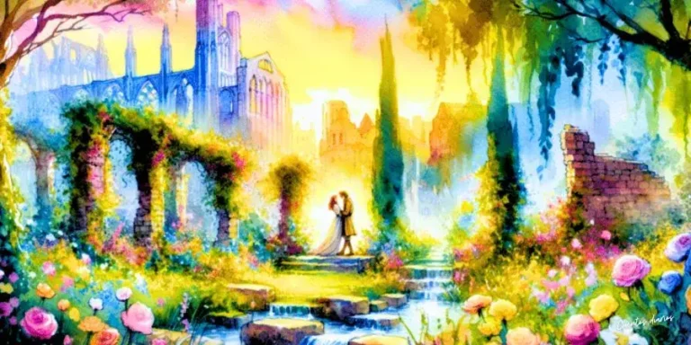 Jardín secreto entre antiguas ruinas donde una pareja enamorada se abraza al atardecer, ilustración del cuento El jardín secreto y la historia de amor que floreció entre las ruinas del pasado.
