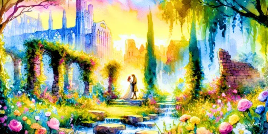 dibujo de una pareja enamorada en un jardín secreto con ruinas antiguas y flores de colores bajo la luz del atardecer.