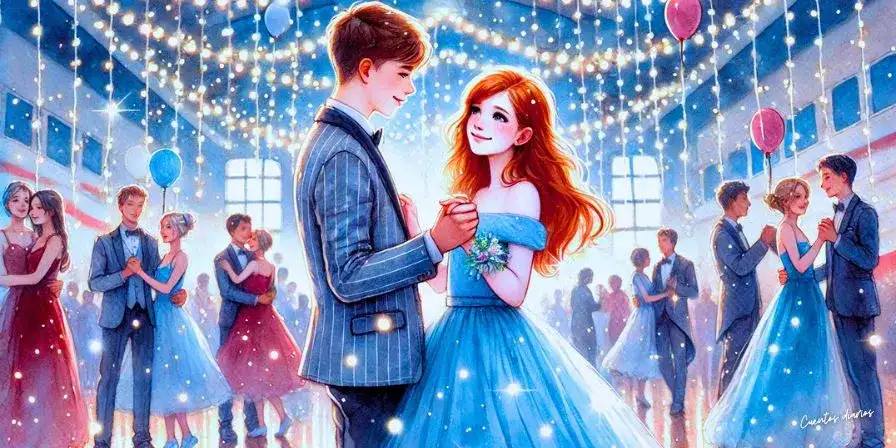 Dibujo en acuarela de un baile de graduación adolescente. Un chico con traje ligeramente grande y una chica de cabello rojo con un vestido azul bailan bajo luces titilantes en un gimnasio decorado con globos y guirnaldas.