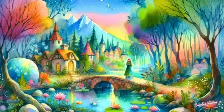 Dibujo en acuarela de una pareja en un puente rodeado de naturaleza otoñal – Cuento de amor realista.