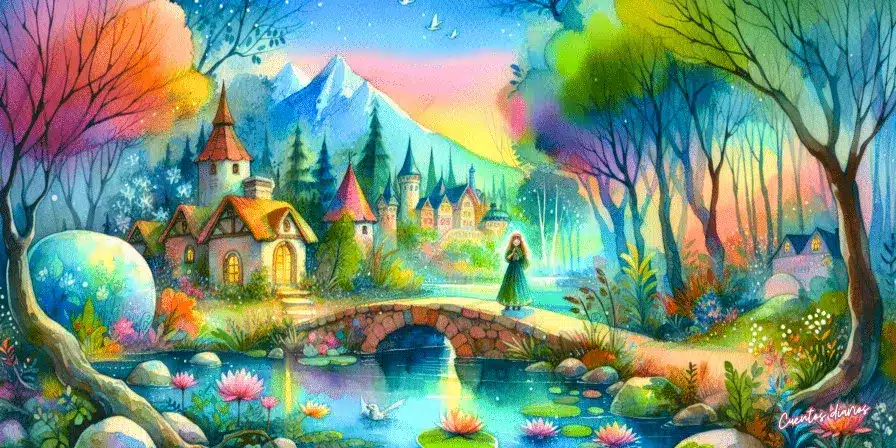 Dibujo en acuarela de una pareja en un puente rodeado de naturaleza otoñal – Cuento de amor realista.