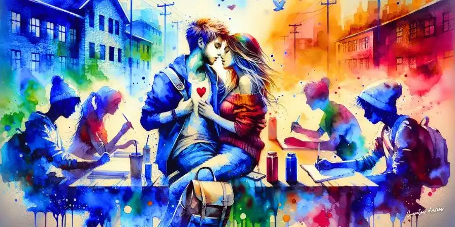 Dibujo de una pareja de estudiantes enamorados en el instituto, rodeados de colores vibrantes y compañeros estudiando.