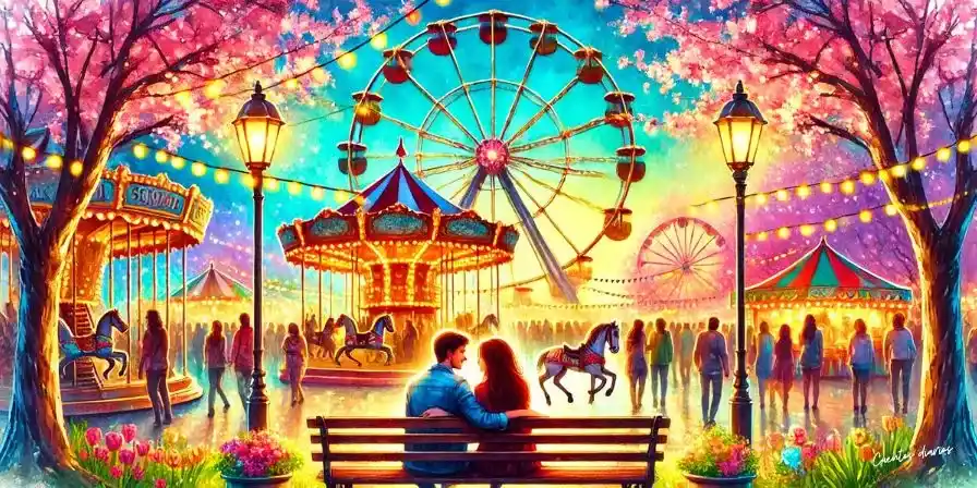 Dibujo en acuarela de una feria de primavera al atardecer. Una pareja de adolescentes se sienta en un banco mientras la feria brilla con luces vibrantes. En el fondo, una rueda de la fortuna y un carrusel iluminado crean un ambiente nostálgico y romántico.