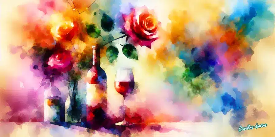 Cuento: El vino, la rosa y los buenos sabores del amor maduro 1 Bodegón de acuarela con botellas de vino, copa servida y rosas rojas en un fondo colorido.