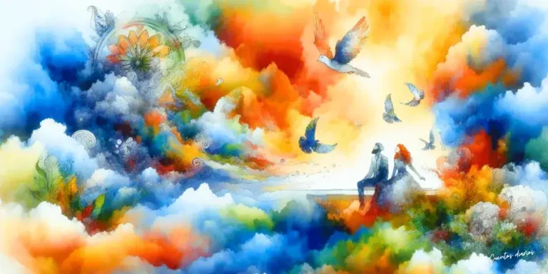 Alma y Elías contemplan un cielo lleno de nubes y aves en una ilustración en acuarela que simboliza un amor eterno y espiritual.