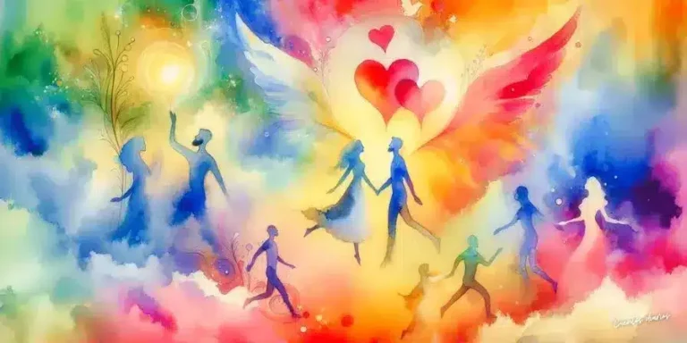 Ilustración de Encuentros y desencuentros en una aventura intemporal con dos enamorados tomados de la mano, corazones alados y un ambiente de fantasía que simboliza un amor que trasciende el tiempo.