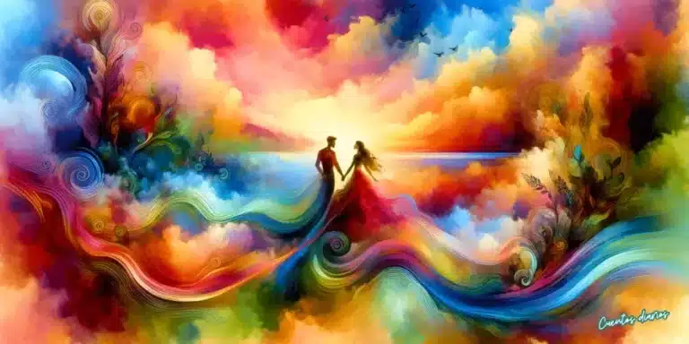 Dibujo en acuarelas de una pareja de enamorados cogidos de la mano sobre un fondo de nubes coloridas, envueltos en hilos ondulantes que fluyen hacia el horizonte.