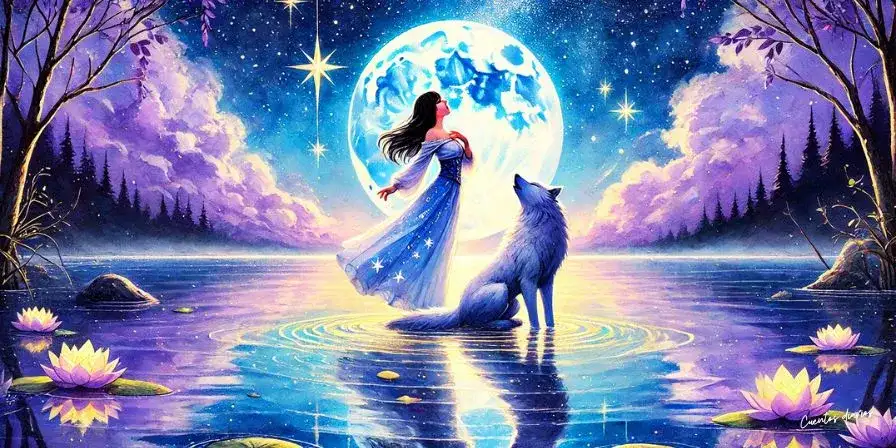 Dibujo en acuarela de un lago mágico bajo la luz de la luna, con una joven cantando en la orilla acompañada de un lobo blanco, mientras aldeanos y animales escuchan la melodía en una noche estrellada.