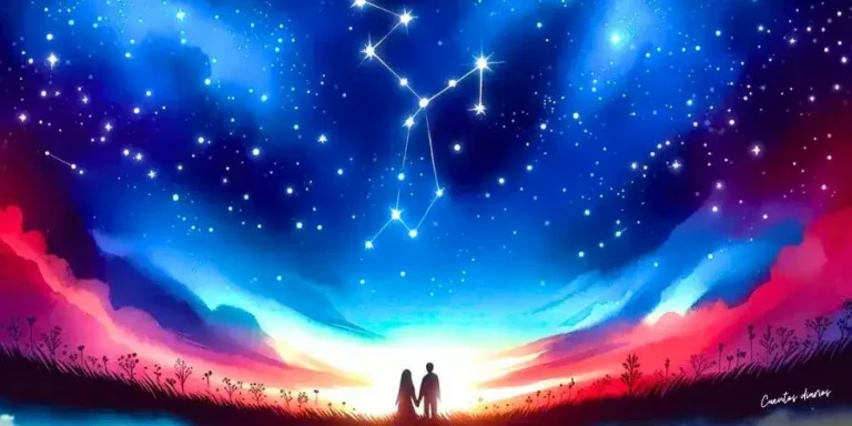 Dibujo en acuarela de la princesa Isabella y el astrólogo Alexander contemplan la Constelación del Amor bajo un cielo estrellado, símbolo de un amor eterno y un cuento romántico de fantasía.
