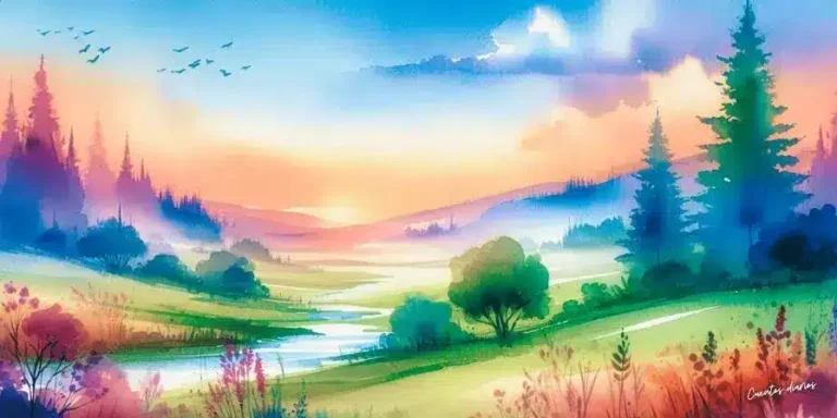 Dibujo de un paisaje sereno con río, árboles y un cielo en tonos pastel al atardecer.