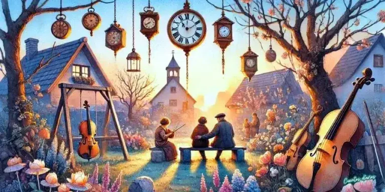 Dibujo en acuarela de un jardín tranquilo al atardecer con relojes antiguos colgados de los árboles y personas sentadas en silencio.
