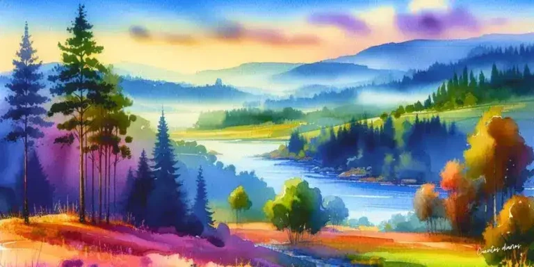 Dibujo de un paisaje onírico con un río rodeado de colinas, árboles y un cielo en tonos suaves de atardecer.