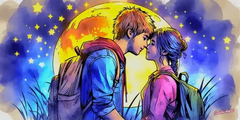 Dibujo en acuarelas sobre Promesas bajo la luna llena con Adrián y Clara compartiendo un momento romántico bajo una luna llena, símbolo del amor verdadero, la esperanza y las promesas eternas.